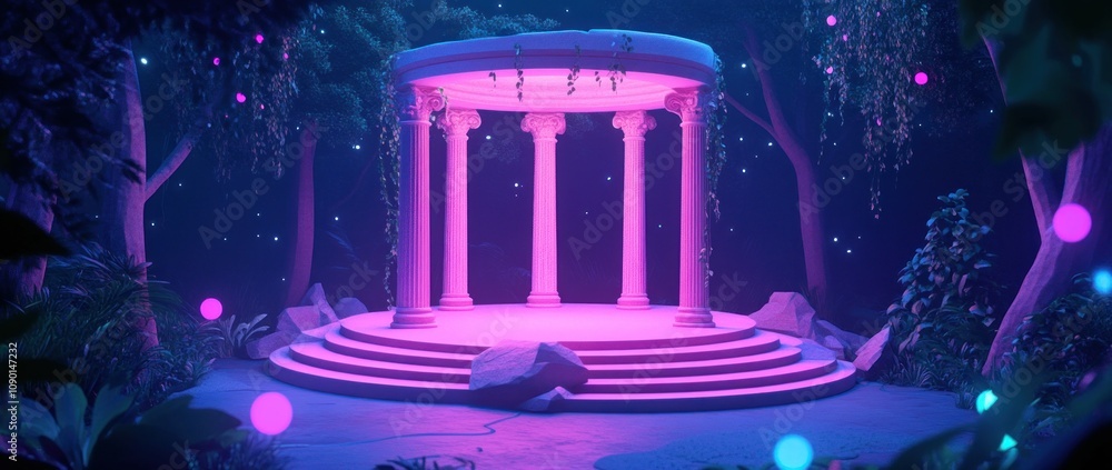 Poster a mystical temple with glowing columns and vibrant foliage in a serene, enchanted setting.