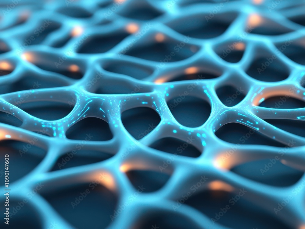 Poster abstract cellular structure with glowing blue elements.