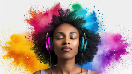 Fototapeta premium A black woman immerses herself in music, her vibrant energy reflected in colorful sound waves and digital light effects.