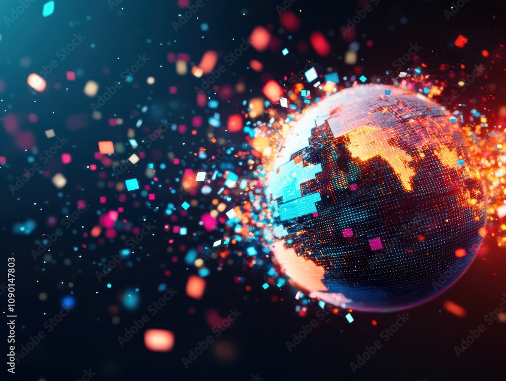 Poster abstract digital globe with colorful particles and glowing elements.