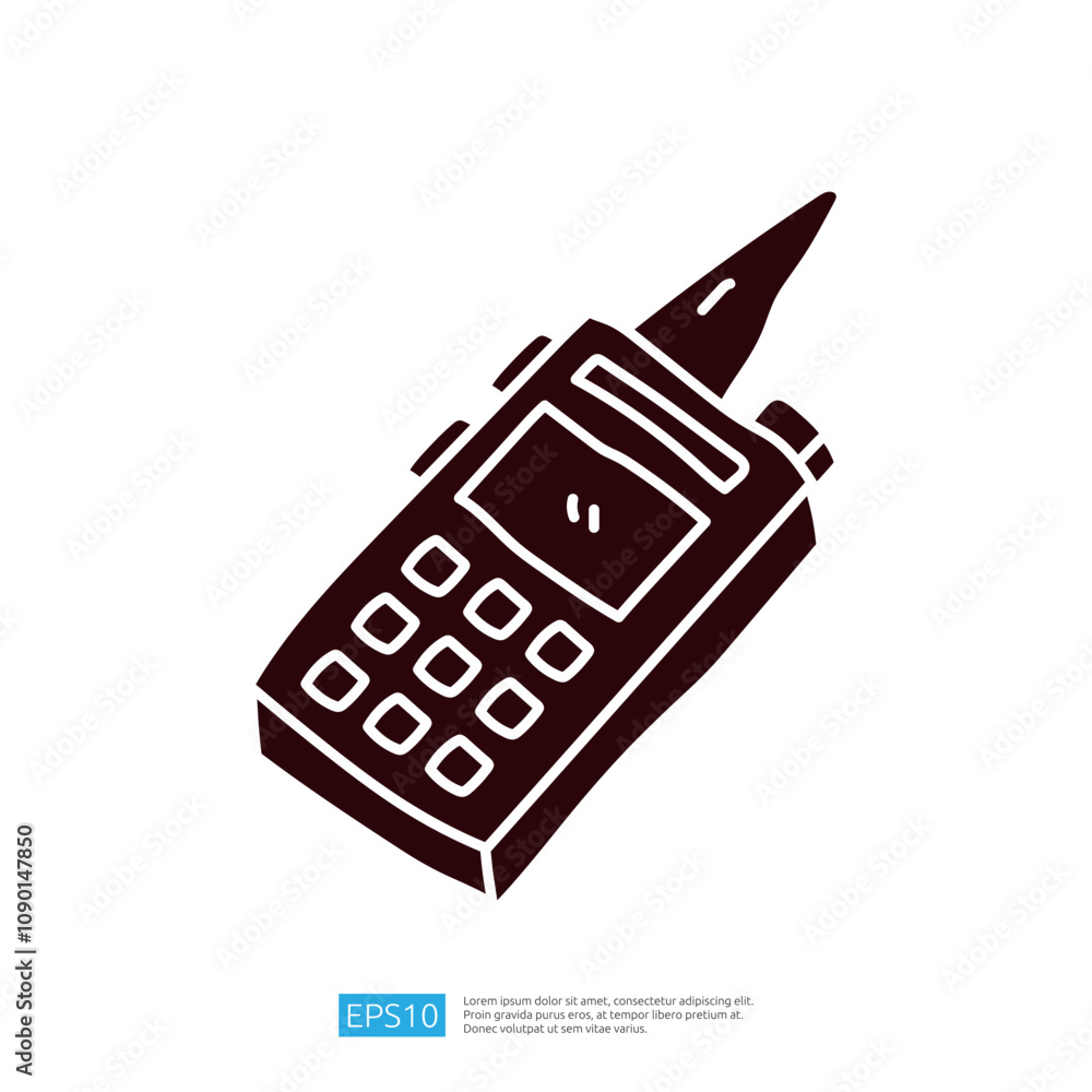 Poster a stylized illustration of a handheld radio or communication device, featuring a keypad and an anten