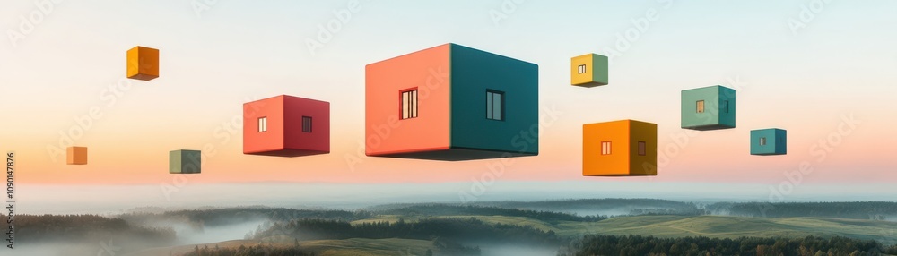 Poster abstract floating cubes in varied colors against a scenic backdrop.