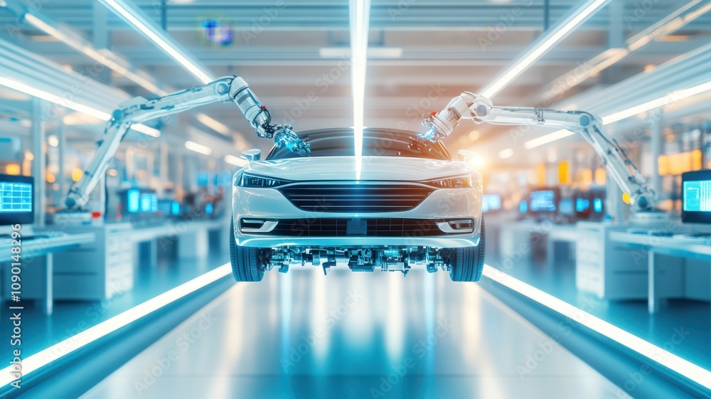 Poster advanced robotic arms assembling a modern vehicle in a factory.