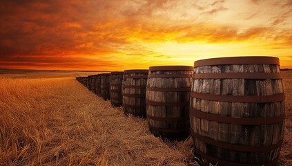 Obraz premium Sunset over Golden Fields with Barrels