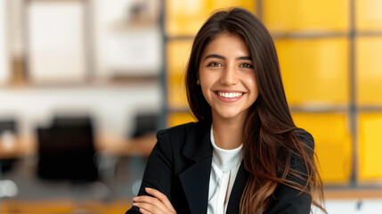 Obraz premium A confident woman smiles warmly in a professional office, illustrating approachability and success in a modern work environment.