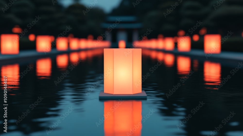Poster serene floating lanterns: tranquil reflection of floating lanterns illuminating a dark water path at