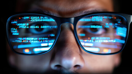 Explore the intricate world of cyber crime through a closeup reflection in spectacles, revealing the impact of hacking.