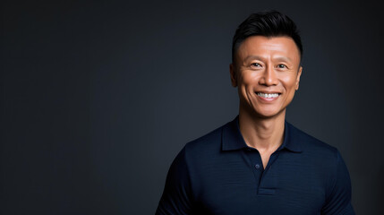 Fototapeta premium A confident Asian businessman holding a tablet, smiling broadly against a clean, isolated background, showcasing professionalism.