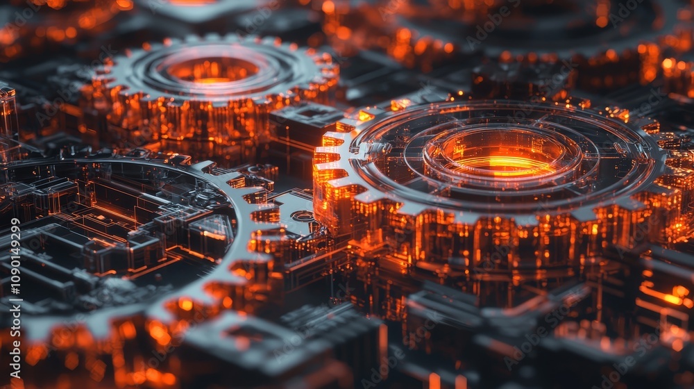 Poster dynamic industrial gears in motion technology setting 3d render futuristic environment close-up pers