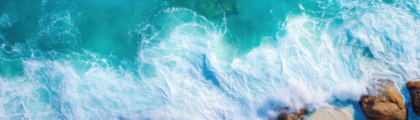 Fototapeta premium Aerial view of clear turquoise ocean waves crashing on rocks.
