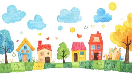 A simple drawing of a colorful street in kids' style, featuring vivid pastel colors, playful designs, and creative charm. Perfect for art themes.