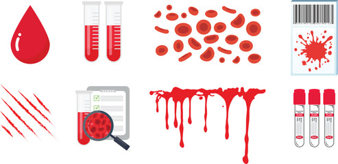 Illustration of blood, including a drop of red blood, blood test tube, erythrocytes red blood cells, hematology test kit, blood wounds, hematology and blood splatter. Vector illustration