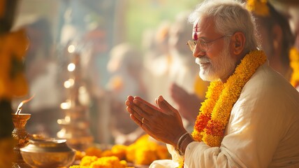 In worship, humbly reciting sacred mantras and demonstrating devotion and love