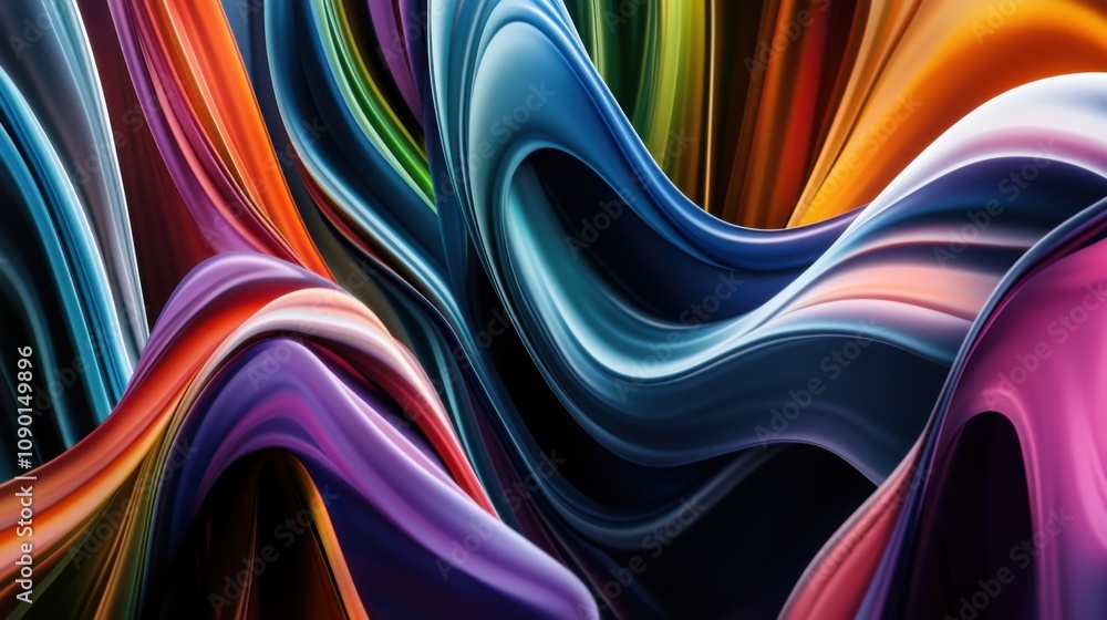 Poster An abstract image of cascading, multi-colored bands flowing into a central, unified shape