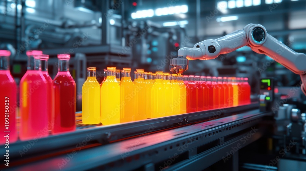 Poster automated system bottles liquid in a vibrant factory setting.
