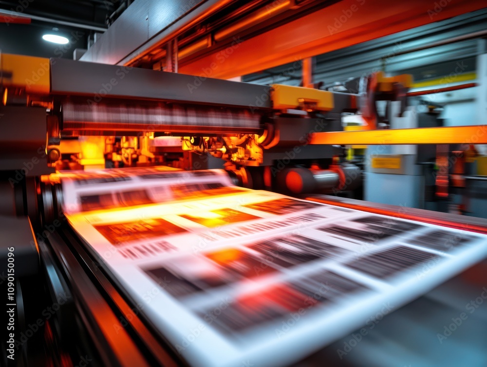 Poster automation in a modern printing press with vibrant color.