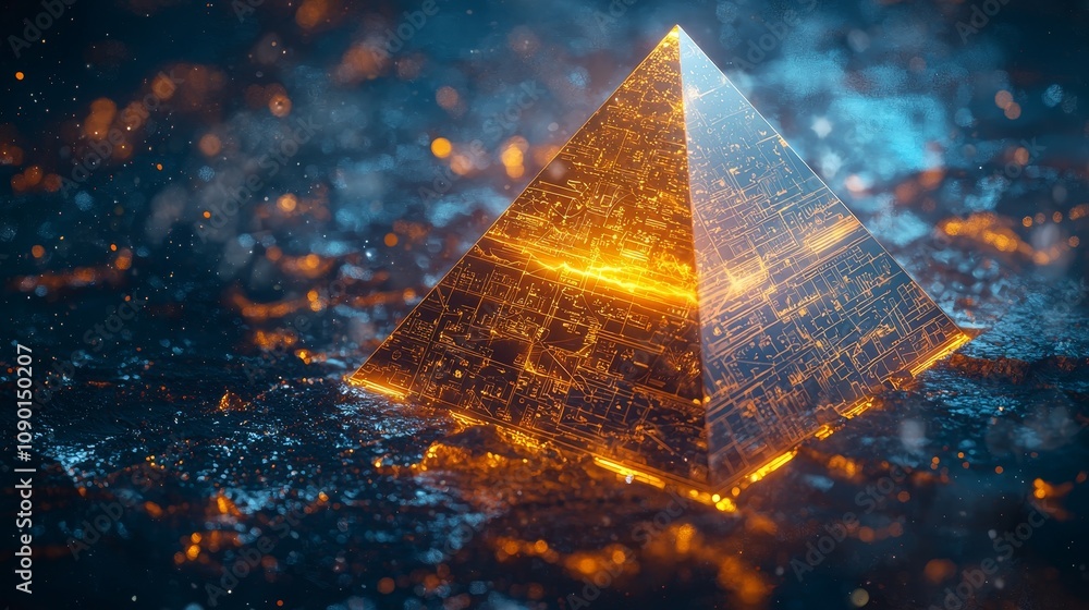 Poster illuminated pyramid structure futuristic landscape digital art high-tech environment abstract viewpo