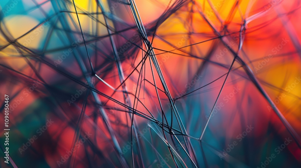Poster An abstract image of diverse lines in varying widths and colors creating a complex web, Representing the interconnectedness and intricate relationships within inclusive communities, photography style