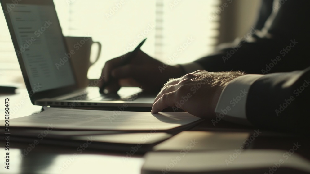 Poster a person working on a laptop with documents and a coffee cup in a well-lit office setting.