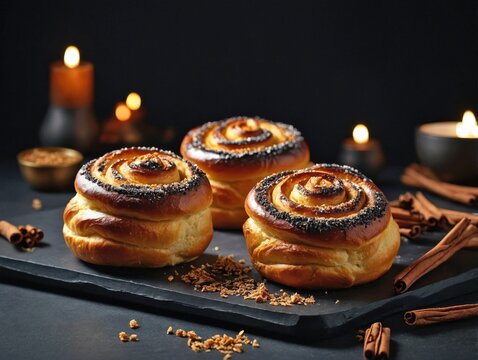 Kanelbullar placed on a matte black serving board
