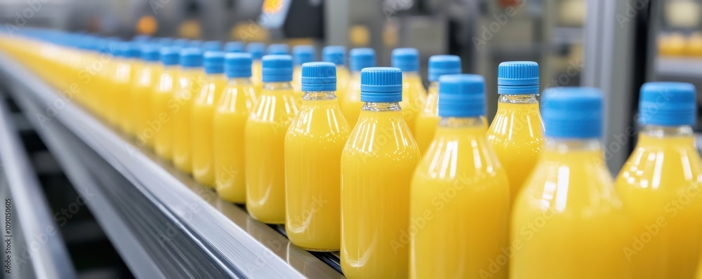 Poster bottles of orange juice on an assembly line in a factory.