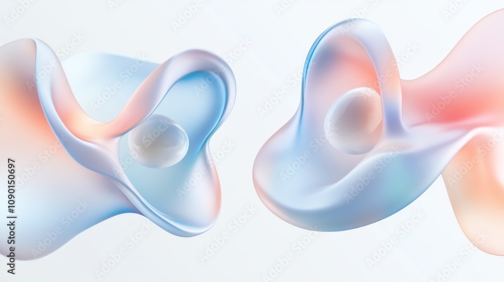 Poster abstract fluid shapes with soft colors and spheres, conveying a sense of motion and tranquility.