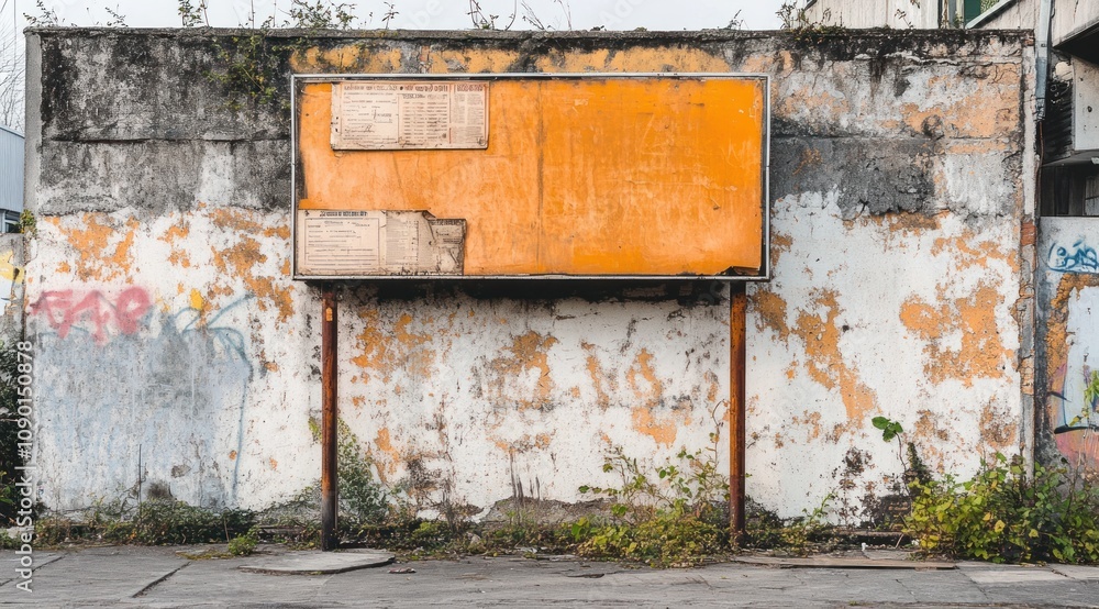 Poster A weathered wall with an empty orange billboard surrounded by overgrown plants.