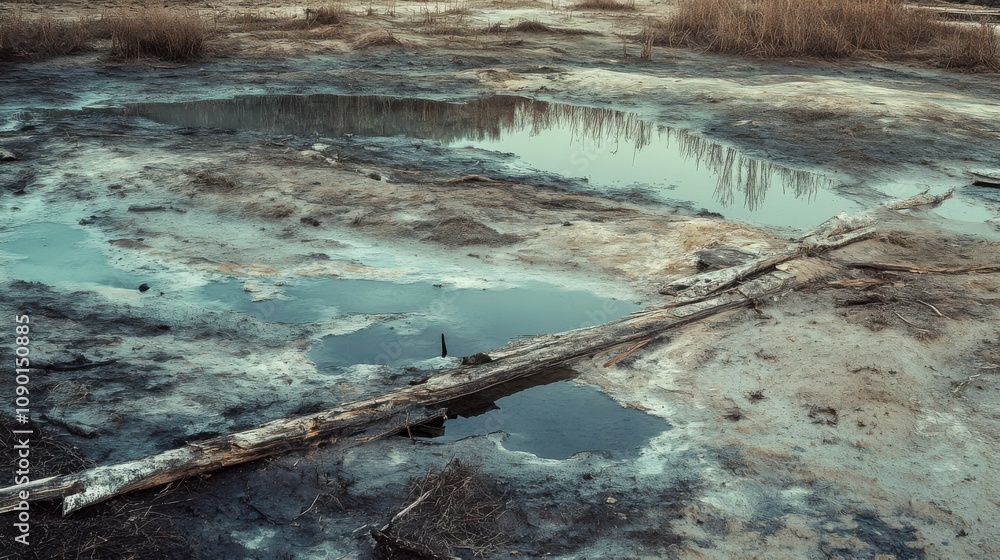 Poster an abstract image of environmental degradation, featuring fragmented and polluted landscapes, reflec
