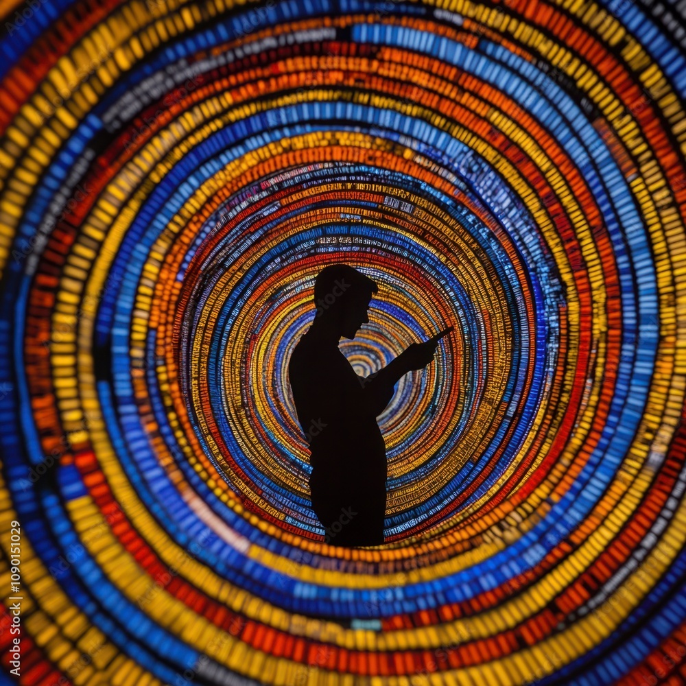 Poster silhouette of a person engaged with technology in a vibrant abstract tunnel of colorful light and mo