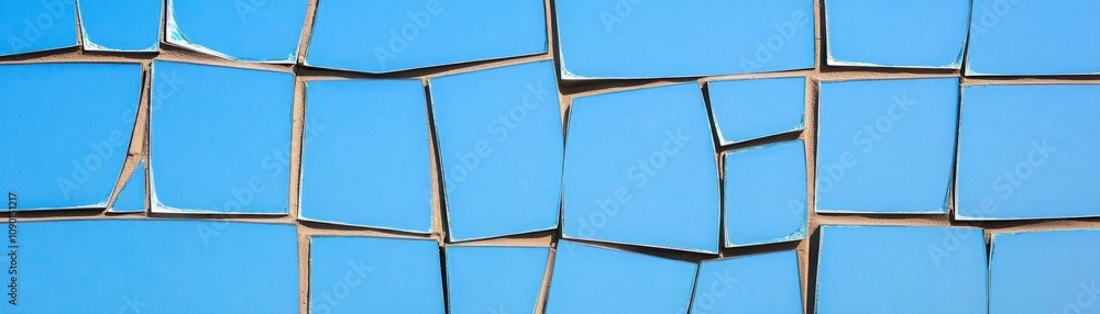 Poster vibrant blue cardboard boxes stacked together creating an abstract geometric pattern on a textured s