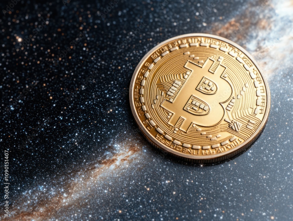 Poster golden bitcoin token on a starry background representing cryptocurrency and digital assets in a cosm