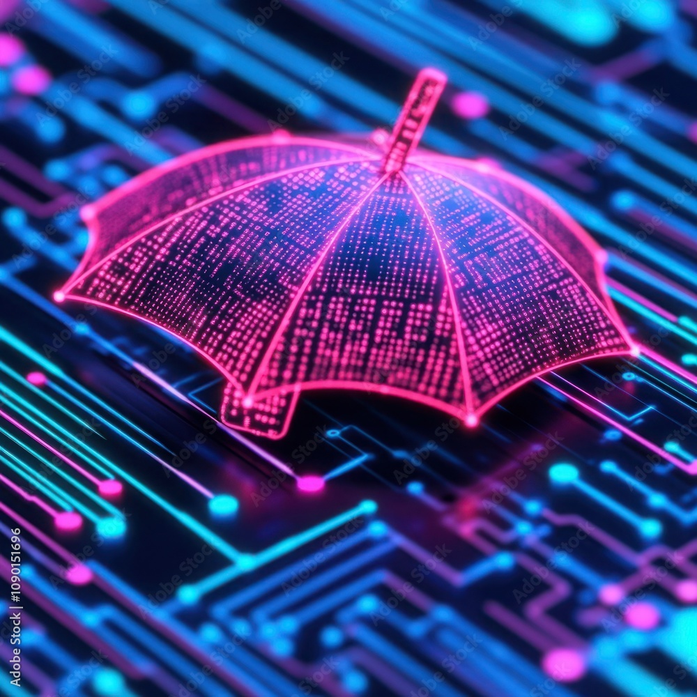 Aufkleber abstract digital umbrella on colorful circuit board background representing protection and security 
