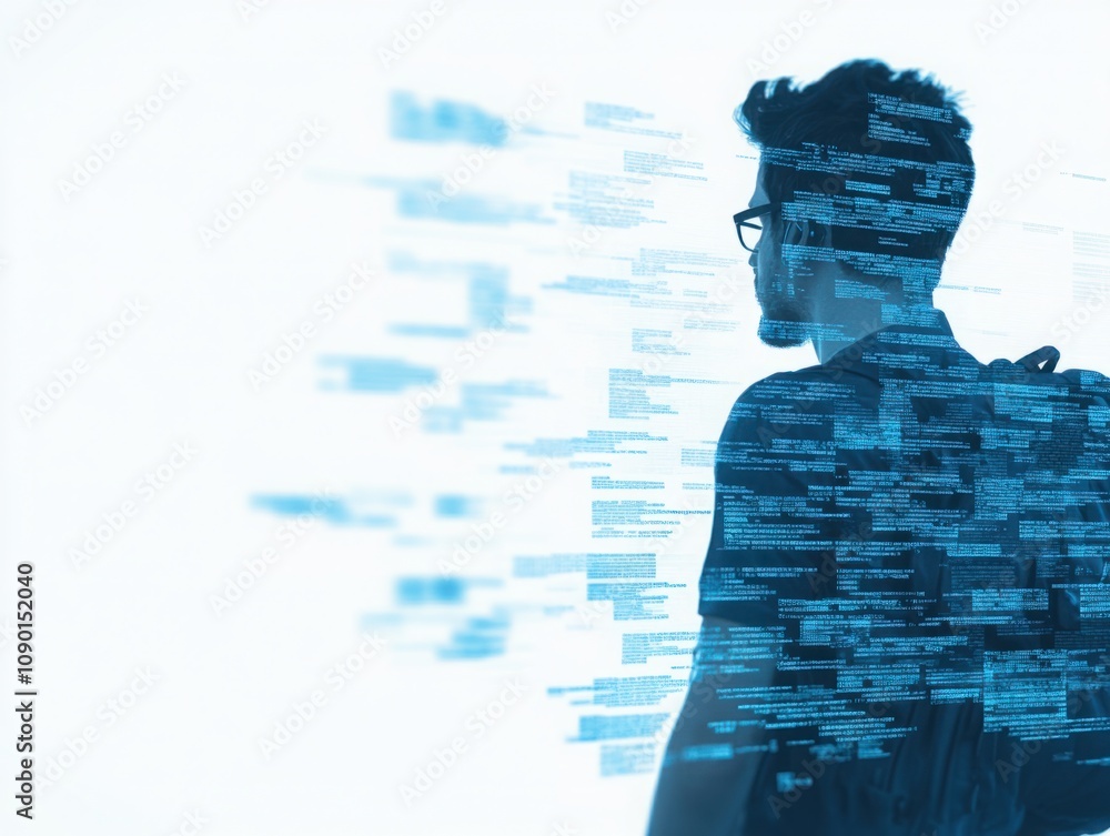 Aufkleber profile of a young man with a backpack looking towards a digital world of data, code streams, and fu