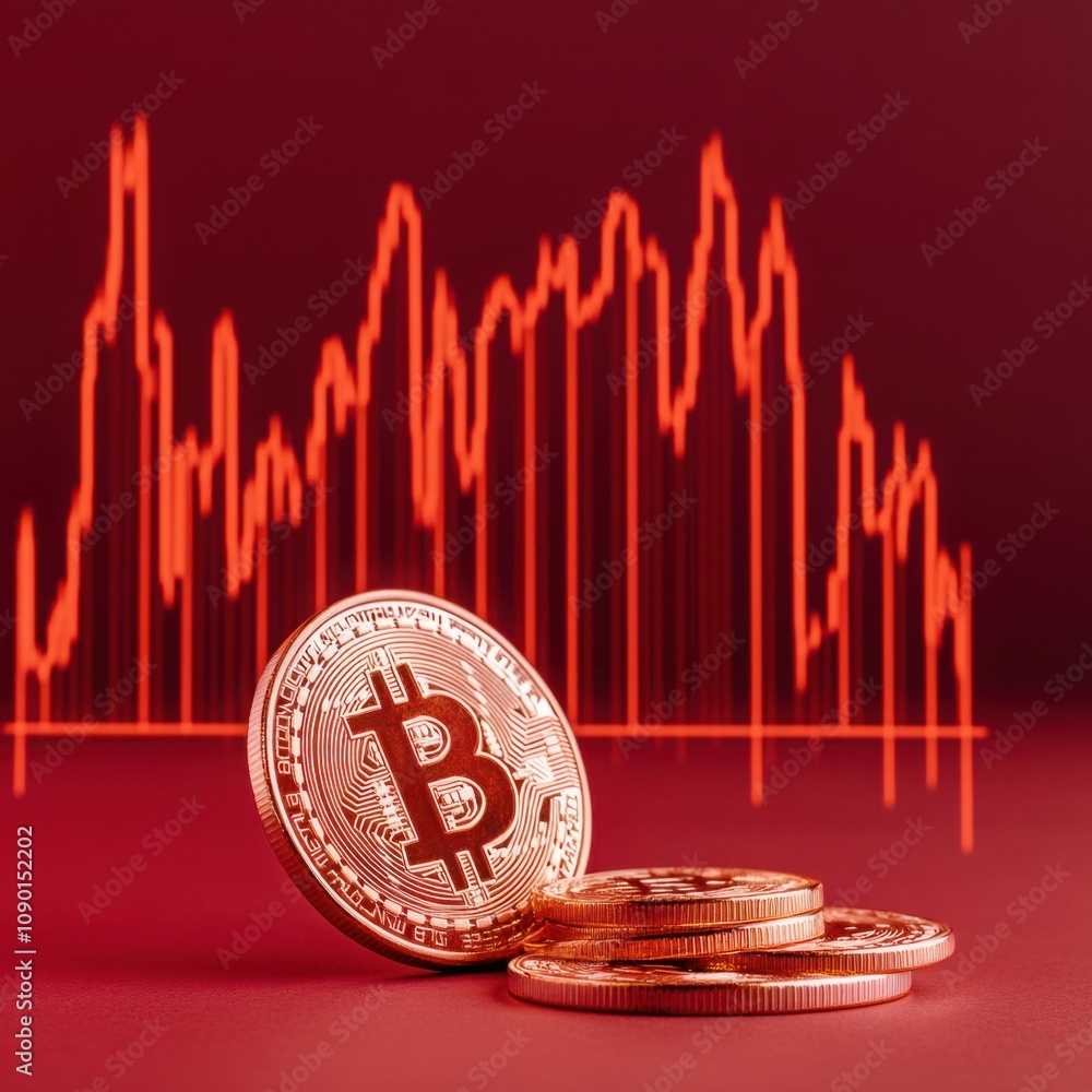 Aufkleber modern cryptocurrency concept featuring bitcoin coins in front of a vibrant red background with a fl
