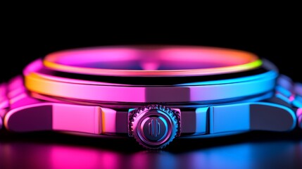 Neon Watch: A close-up of a sleek, modern wristwatch bathed in vibrant neon light, showcasing its intricate details and futuristic design.  A captivating image for fashion, technology.
