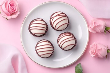Fototapeta premium A delightful arrangement of four chocolate-covered desserts elegantly presented on a plate, accompanied by beautiful pink roses, perfect for celebrating love on Valentine's Day.
