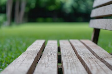 Fototapeta premium Natural living respects eco and resources. Wooden bench in green park setting