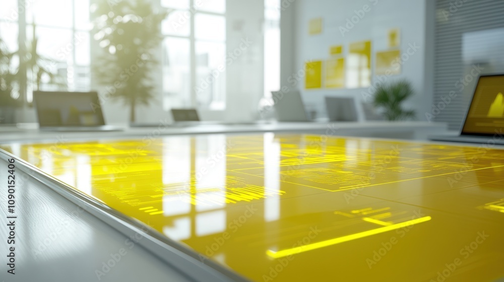 Poster a modern workspace featuring a digital table with yellow displays and laptops.