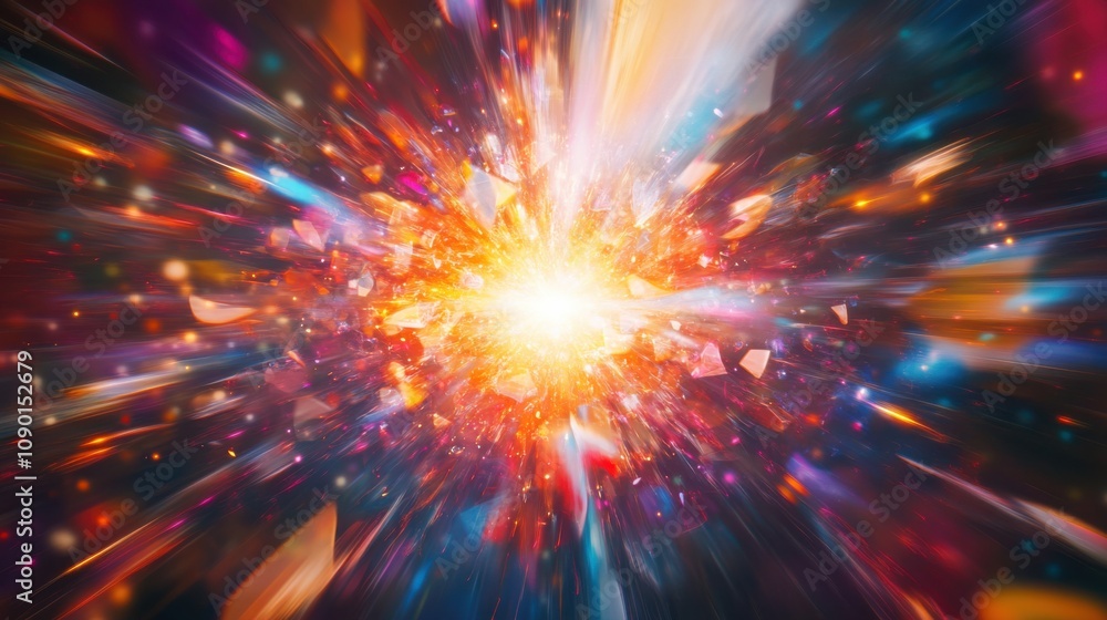 Poster an abstract portrayal of a central, colorful explosion of light surrounded by floating, varied shape