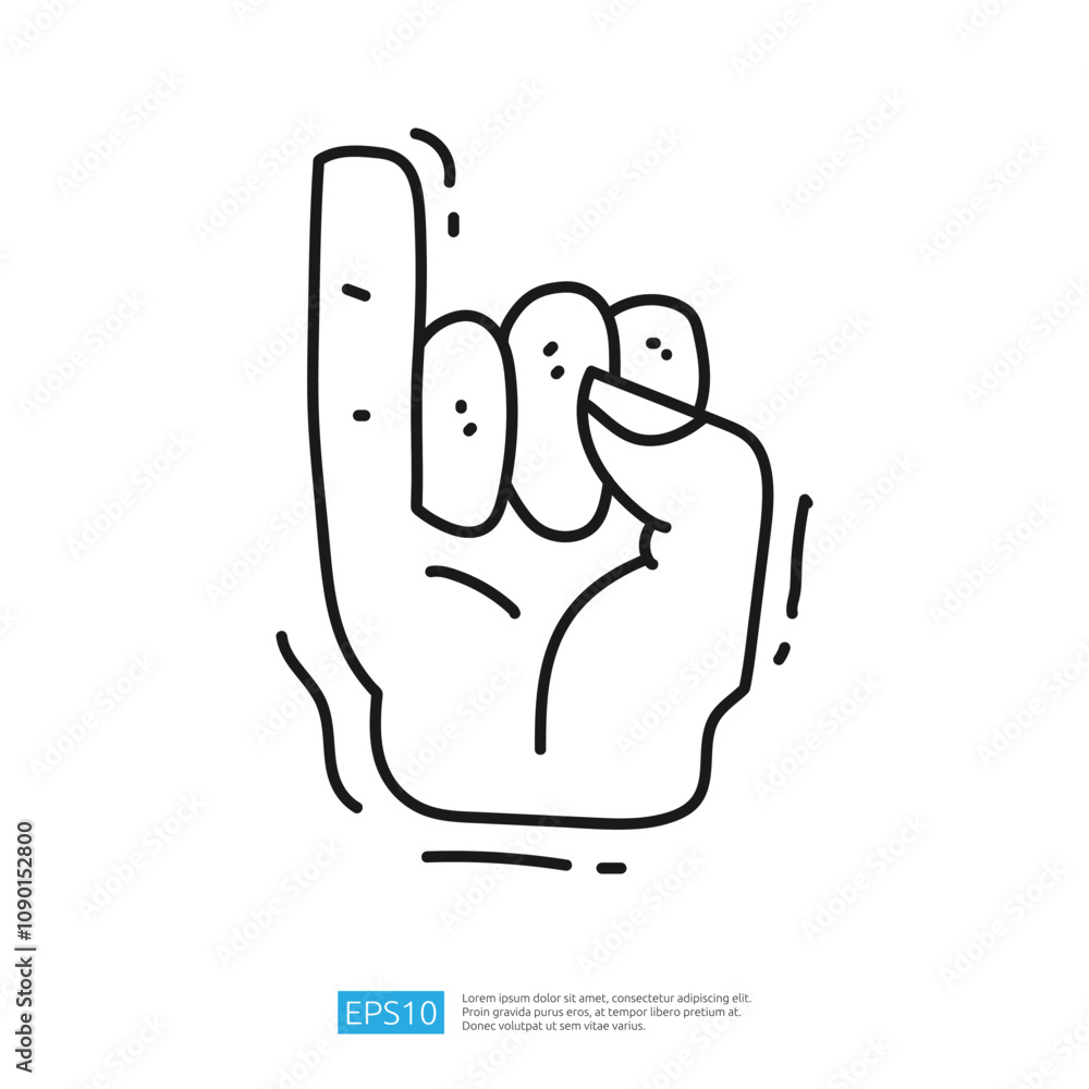 Poster a simple line drawing of a hand making a gesture with the index finger raised, often symbolizing 