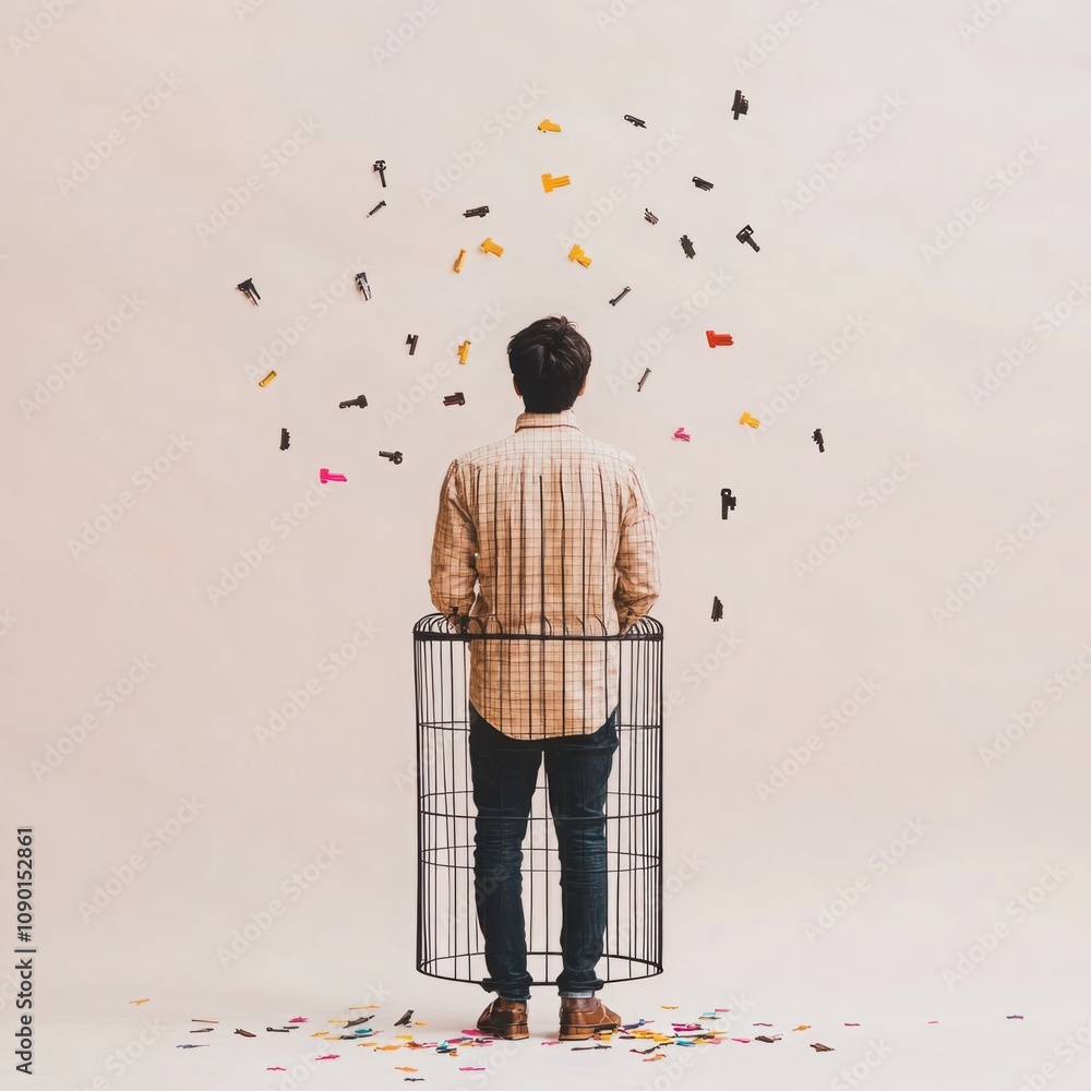Poster man standing inside cage with colorful paper clips falling all around in a conceptual representation