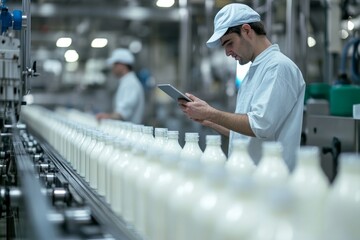 Dairy Factory Worker Inspecting Milk Bottles on Conveyor Belt Using Tablet