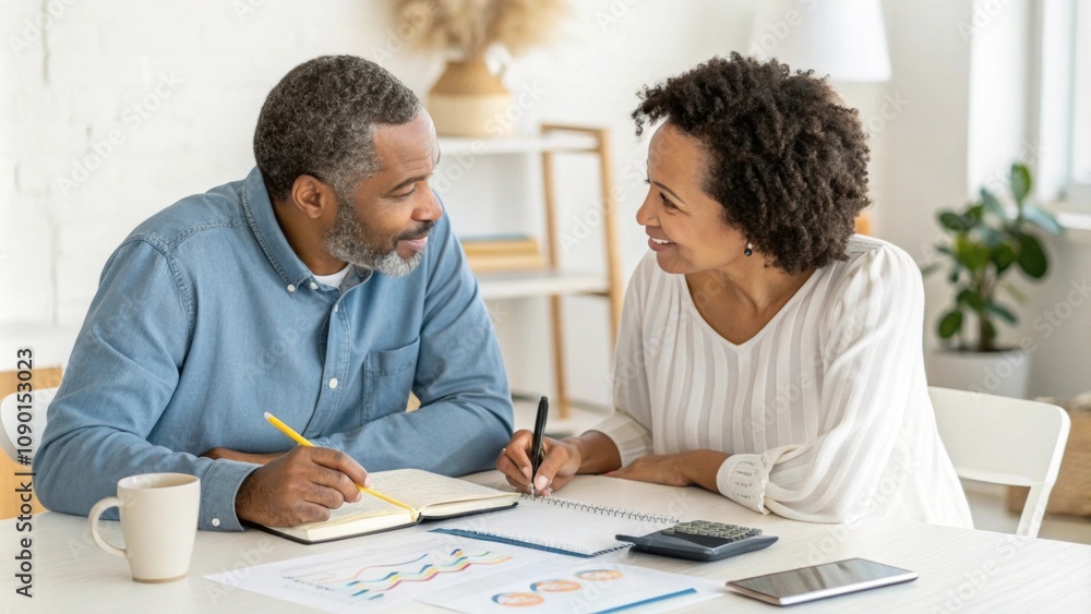 Poster couple discussing a joint bank account they are seated with a chart talking about how much each will