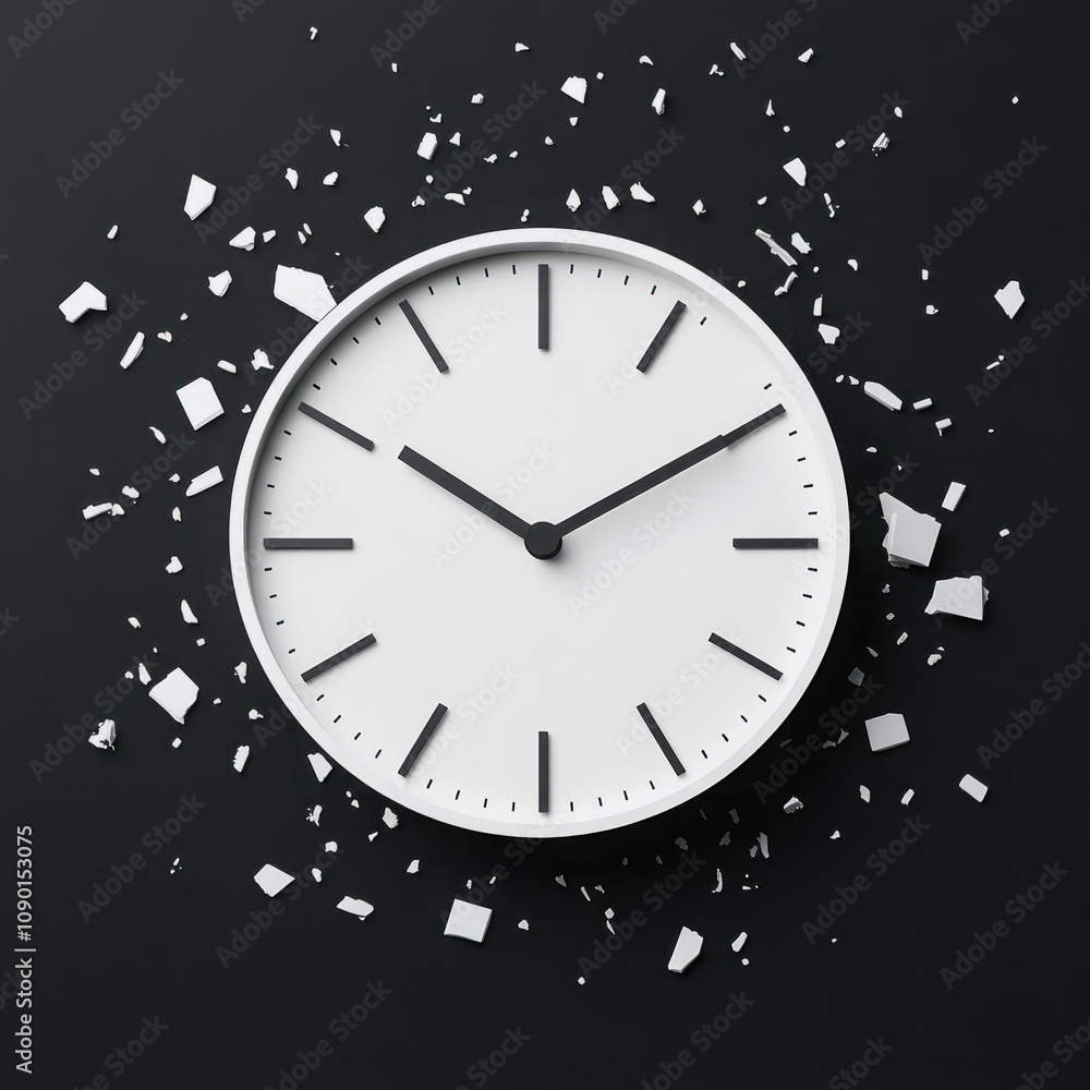 Poster abstract representation of time with a white wall clock surrounded by shattered pieces on a dark bac