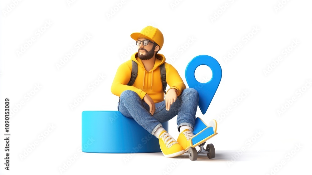 Poster a 3d character in casual attire sitting near a location pin, symbolizing travel or navigation.