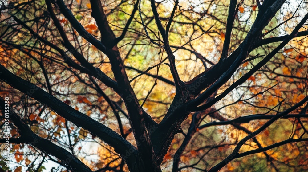 Poster An abstract portrayal of a tree with branches of different colors and textures, Symbolizing the growth and interconnectedness of diverse backgrounds, photography style