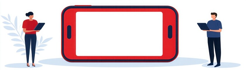 Obraz premium Engaging Digital Interaction: Two Individuals Using Mobile Devices with a Large Smartphone Display for Information Exchange and Communication in a Modern Environment