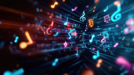 Colorful music notes floating in a vibrant digital space.