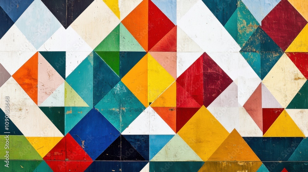 Poster an abstract portrayal of fragmented, colorful triangles forming a complex, cohesive pattern