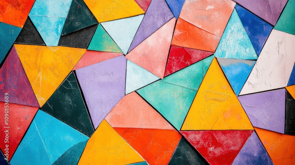 Poster an abstract portrayal of fragmented, colorful triangles forming a complex, cohesive pattern